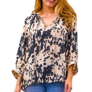 Woven Abstract Print Split V-Neck 3/4 Sleeve Tie front Embroidered Blouse